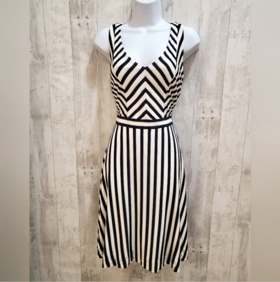 NWT ETCETERA Navy &  White Striped Fit & Flare Sleeveless Midi Dress Size 2 - Picture 5 of 5